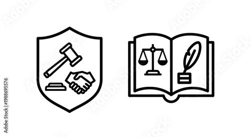 Legal justice and law practice icons set with handshake judgment attorney business contract agreement protection litigation equality document