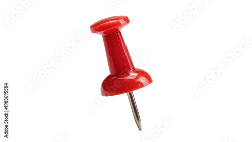 Shiny red thumbtack with sharp metal pin, isolated on transparent background