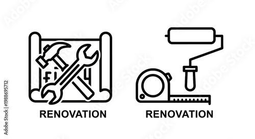 Construction renovation and home repair tools linear icon set for building maintenance with renovation construction building maintenance blueprint