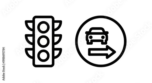 Traffic light control and vehicle right turn directional road sign icons with direction transportation junction information navigation wayfinding