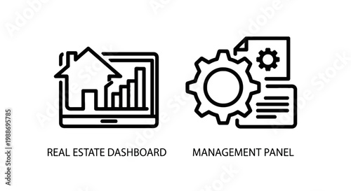 Real estate dashboard and business management panel icons with dashboard management property business software interface analytics building settings