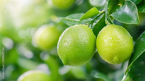 Limes on a tree branch in garden.