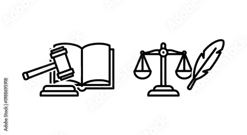 Legal icons set featuring a judge gavel with open law book and scales of justice with a quill pen in black outline style for legal symbols, illustration