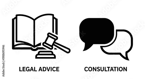 Legal advice and consultation icons for law firm and professional services with consultation attorney professional services courtroom discussion