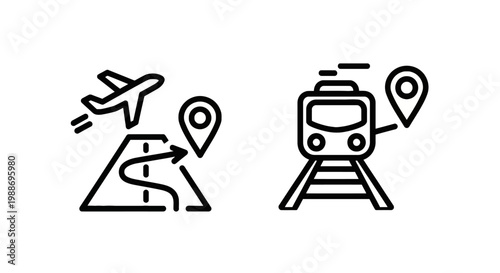 Travel icons featuring airplane and train transportation with map location markers transportation airplane location navigation destination vacation