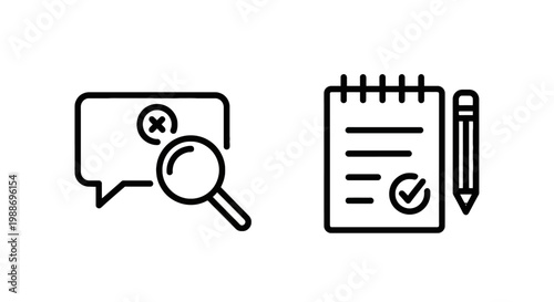 Problem search and checklist task icons magnifying glass on speech bubble and clipboard with pen magnifying checklist clipboard management business
