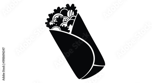 A black and white illustration depicts a fully loaded burrito with visible fillings inside high quality