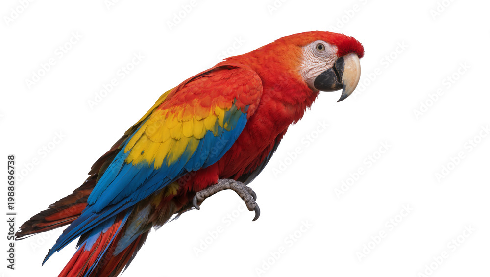 Fototapeta premium Vibrant scarlet macaw parrot perched on a branch, isolated on transparent background