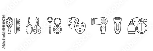 Minimalist black line art self-care icon set including hairbrush, comb, nail tools, makeup brush, mirror, facial masks, hair dryer, electric trimmer, and perfume bottles.