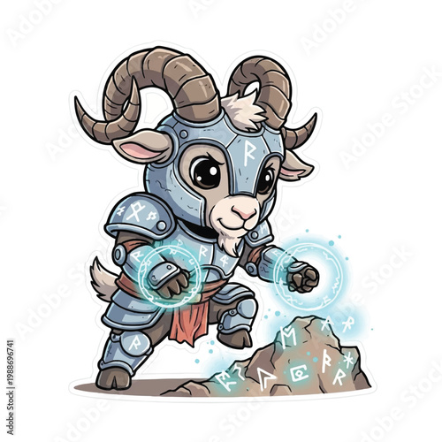 Cute cartoon goat warrior in armor casting magic spells.