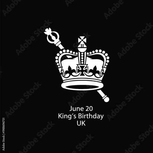 A white crown icon on a black background celebrating the King's Birthday in the UK