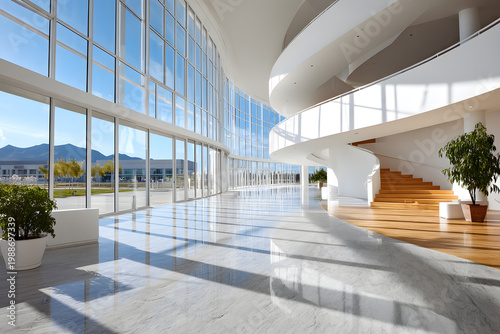 Modern architectural interior with circular staircase and large windows showing mountain view