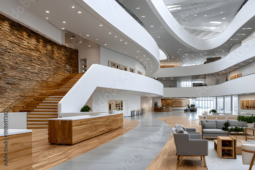 Modern architectural interior features a circular design, a large space, and a blend of wood and stone elements prominently showcased