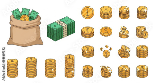 A collection of gold coins and stacks of money in a sack.