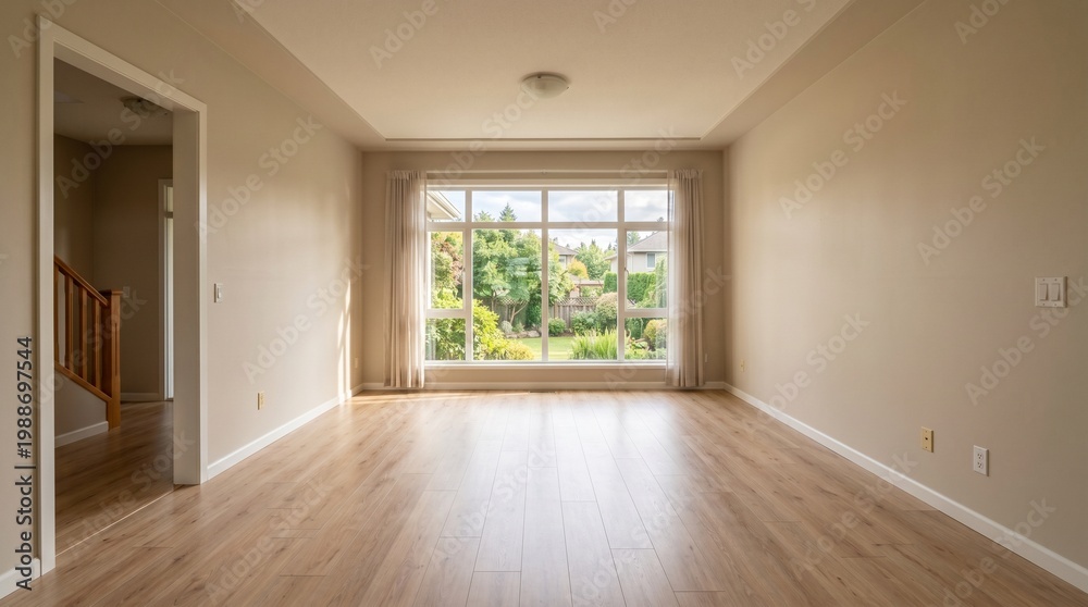 Fototapeta premium Empty living room with large window and garden view