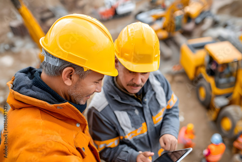 Construction workers discuss plans while looking at a tablet on a busy job site in the daytime surrounded by machinery and equipment