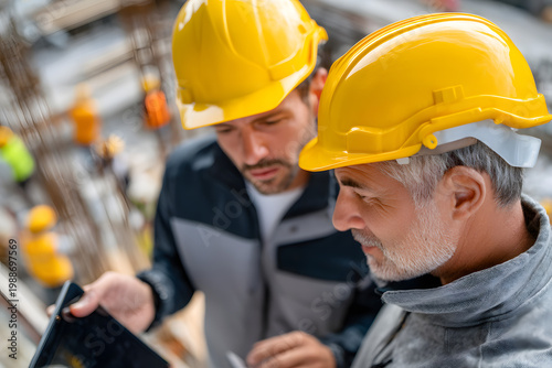 Construction workers discuss project details from a top view at a busy construction site during daylight hours