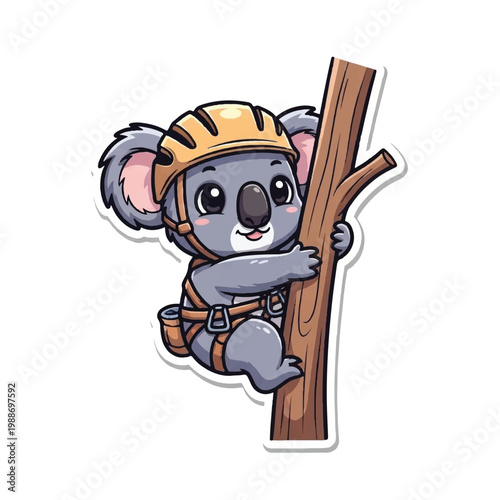 Koala wearing safety gear climbing tree.
