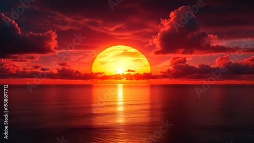 Sunset over calm ocean water.