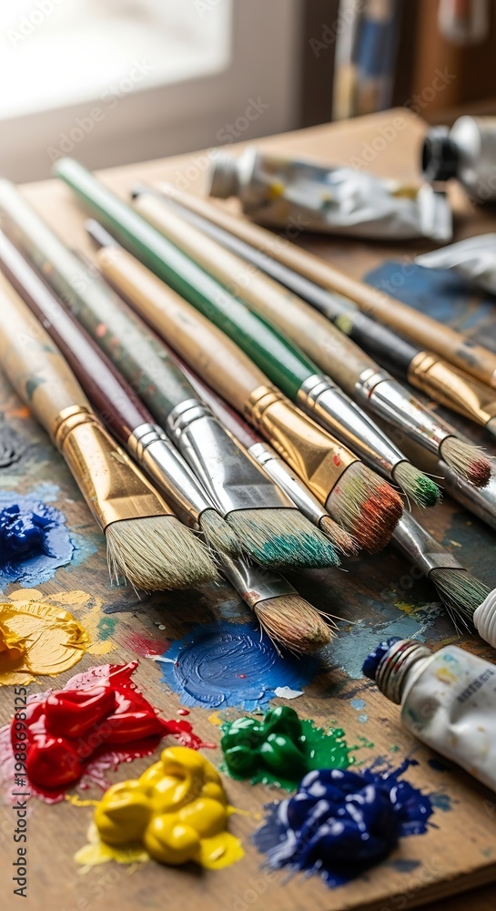 Fototapeta premium Artist's wooden palette with colorful paints and various brushes