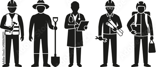 Profession Silhouette Vector Set – Construction, Farming, Medical, Engineering, and Delivery Icons