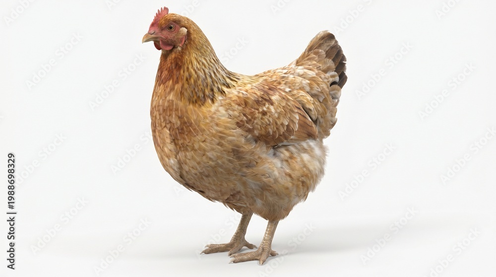Fototapeta premium Brown chicken standing on white background with feathers and red comb