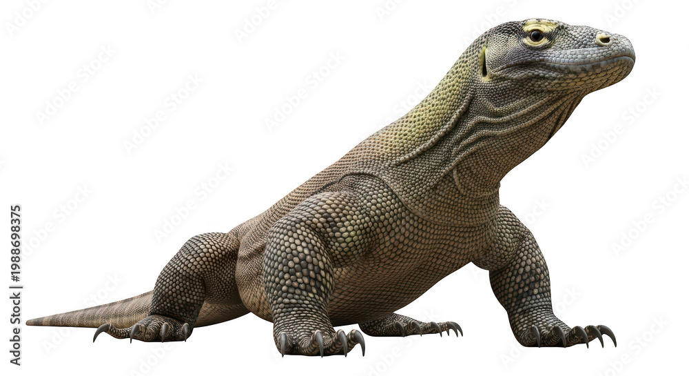 Fototapeta premium Large gray and green lizard with sharp claws and scales on its body standing alone transparent background