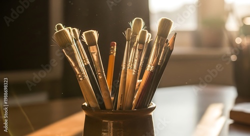 Artist brushes and pencils in a holder, bathed in warm sunlight