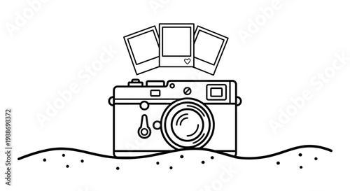 Vintage Film Camera with Instant Photo Frames - Minimalist Photography Icon Line Art