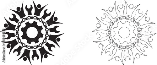 Black labour day emblem with silhouettes of workers and gear with may day with worker rights