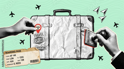 Vintage travel suitcase collage with halftone hands holding a Paris pin and departure stamp plus boarding pass, airplanes and adventure tags on a beautiful green wavy background art graphics