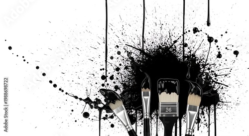 Artist brushes dripping with black ink on a white canvas with splatters