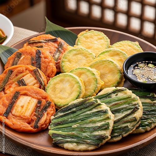 Assortment of savory Korean pancakes, fried vegetables, and dipping sauce
