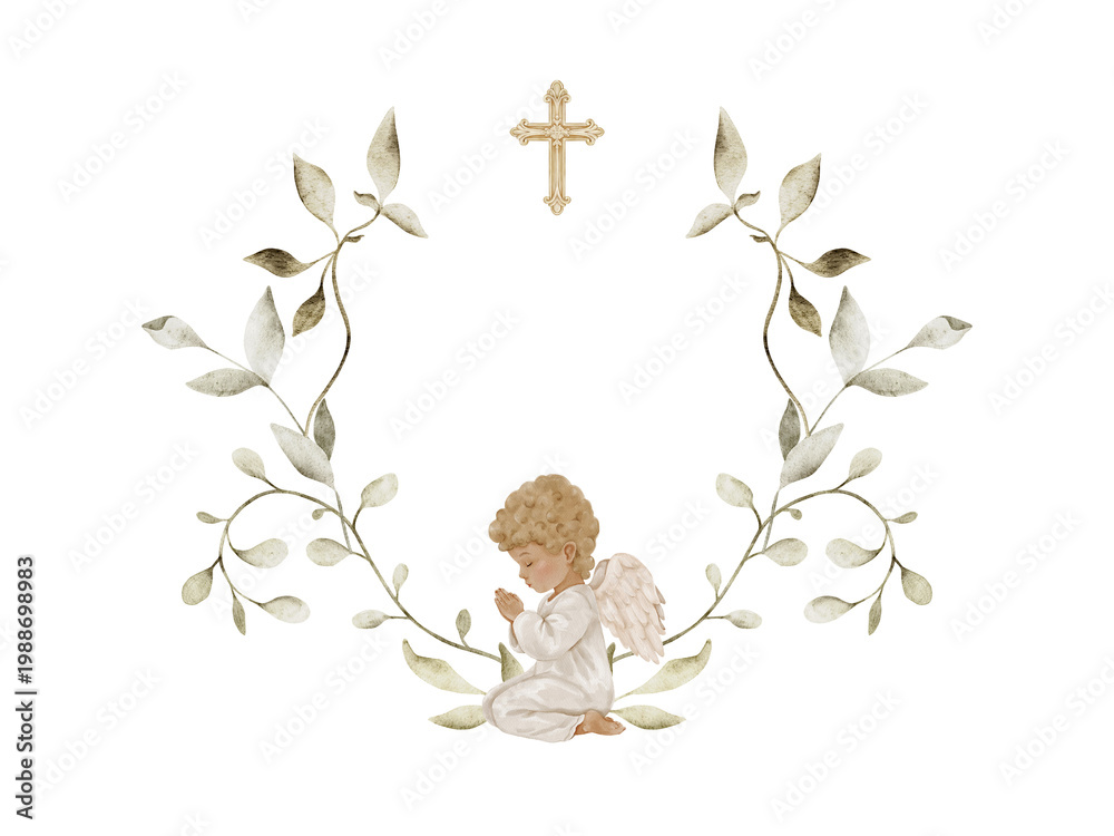 Naklejka premium Praying angel with decorative leaves frame and cross isolated clipart, watercolor illustration. Christian composition for baptism invitations, communion cards and spiritual designs.