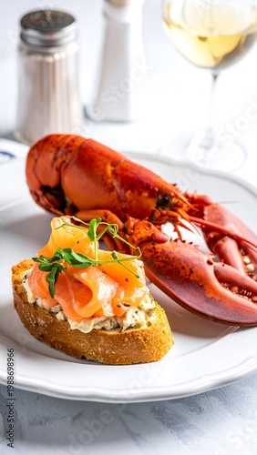 Lobster on toasted bread with herbs.