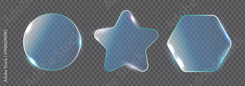 Three translucent blue shapes glow softly against a checkered background