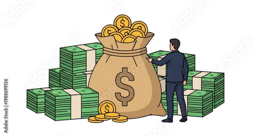 A man stands next to a large money bag filled with gold coins and stacks of cash.