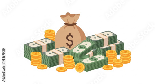 A large pile of money with dollar bills coins and a money bag.