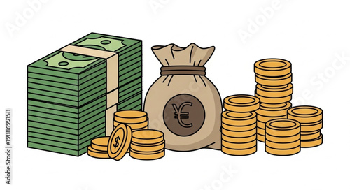 A detailed illustration of a large stack of money bills a full money bag and several stacks of coins symbolizing wealth and financial success.
