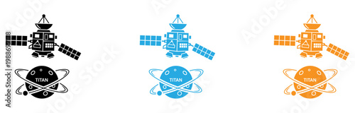 Icon set featuring three stylized space station designs with varying colors isolated on transparent background, Vector