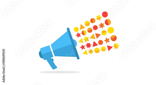 A blue megaphone with colorful stars and shapes coming out.