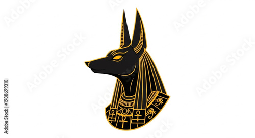 Ancient Egyptian Anubis god head with golden details.