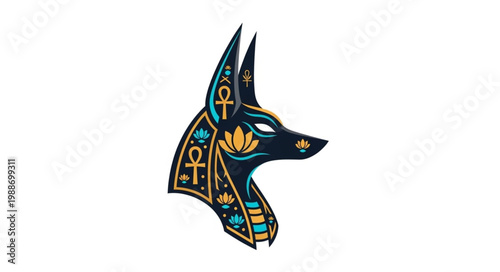 Ancient Egyptian Anubis god head with intricate patterns and symbols on white background.