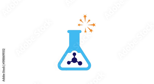 A blue beaker with a molecular structure.
