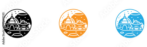 Three stylized eggshells with distinct geometric and architectural designs inside isolated on transparent background, Vector