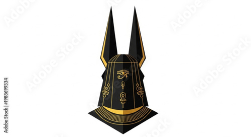 Ancient Egyptian Anubis mask with tall ears and intricate gold details.