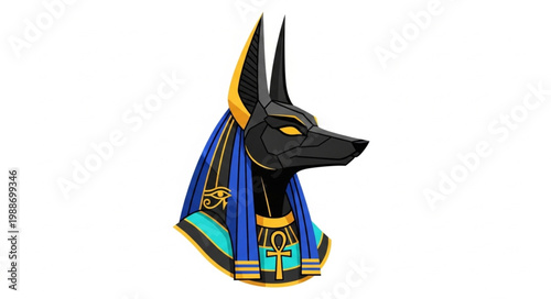 Ancient Egyptian Anubis god sculpture with intricate details and vibrant colors.