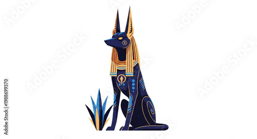 Ancient Egyptian Anubis statue with golden collar and headdress.