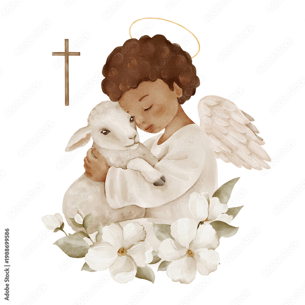 Naklejka premium Angel child with lamb isolated clipart, watercolor illustration. Christian symbol of faith, protection and innocence for baptism, communion, sympathy cards and spiritual designs.