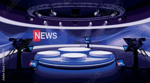 Modern television breaking news broadcast studio empty circular set with cameras lighting and large screen vector illustration.